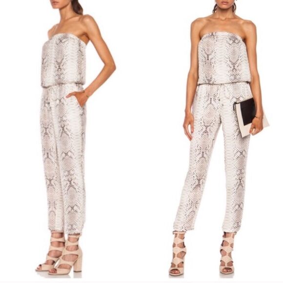 HAUTE HIPPIE Silk Snake Print Sleeveless Tube Pants Jumpsuit Brown Cream XS - Picture 2 of 11